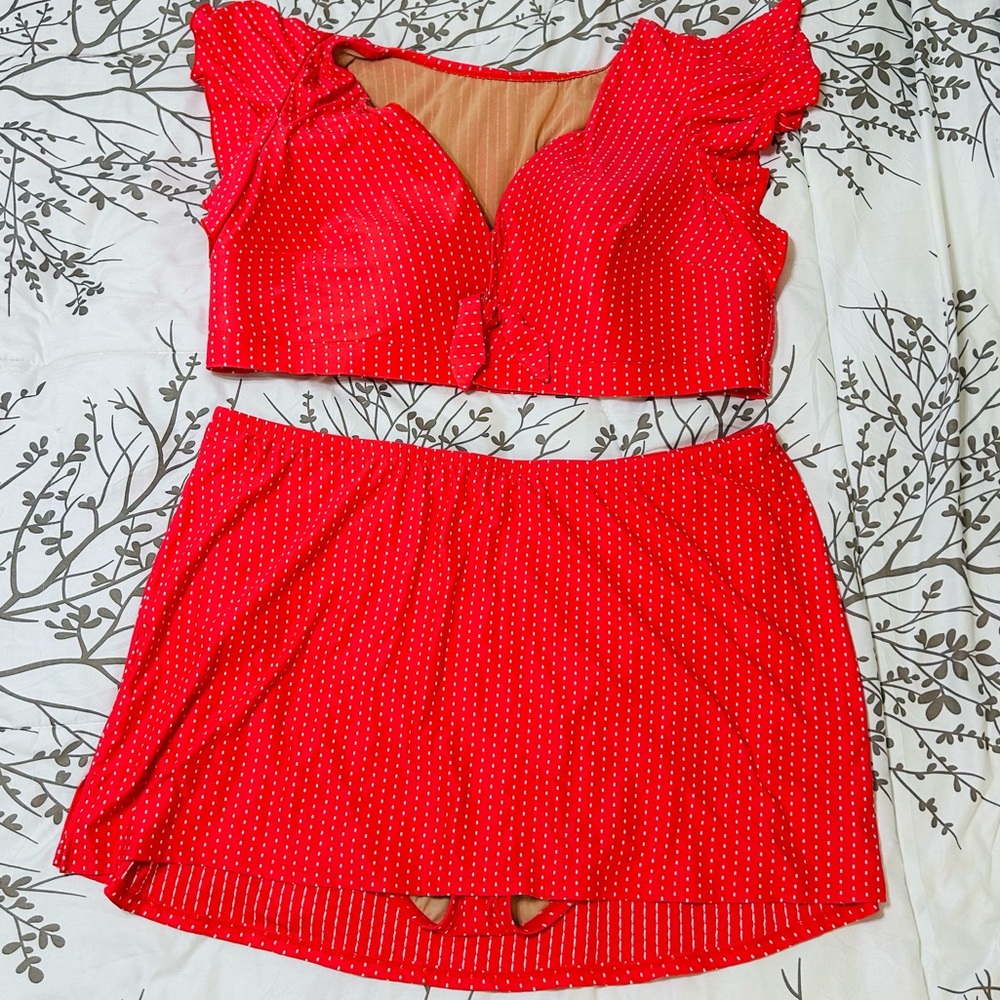 Swim By Cacique Red Polka Dot 2 Piece Princess Cut Top and Skirt Bottom